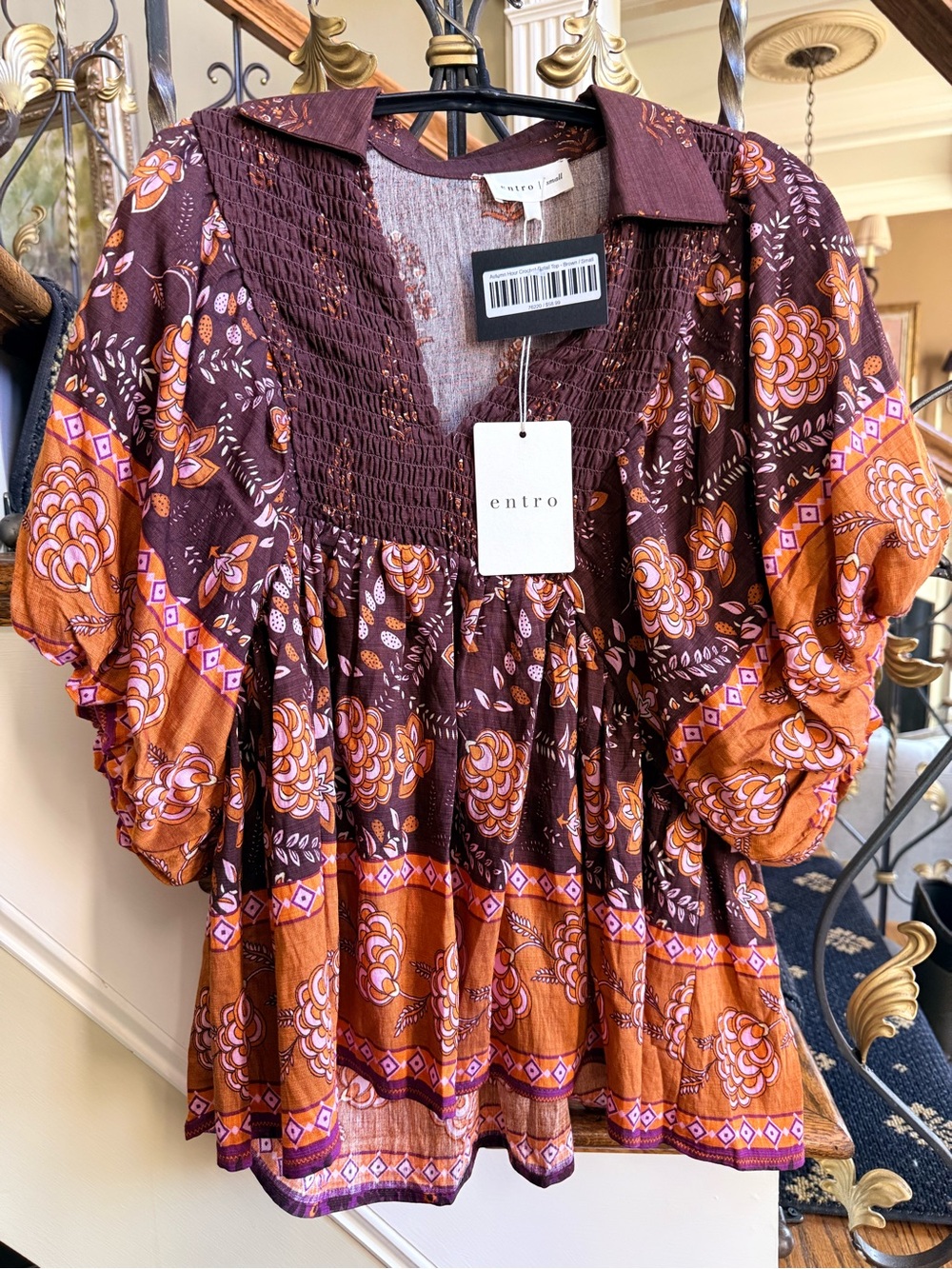 ENTRO NWT Autumn Hour Crochet Detail to. Brown Small. Puff sleeves. Beautiful - Picture 2 of 9
